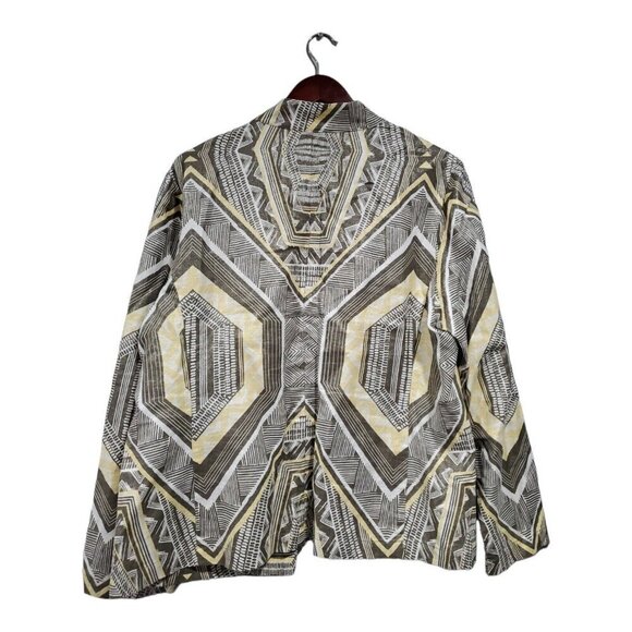 Chicos Women's Yellow Gray Shimmer Heidi Geometric Print Jacket Linen Blend Sz 2 - Picture 2 of 13